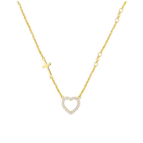 Brilliance Fine Jewelry 14KT Over Sterling Silver Diamond Heart & Cross Necklace - Picture 1 of 3